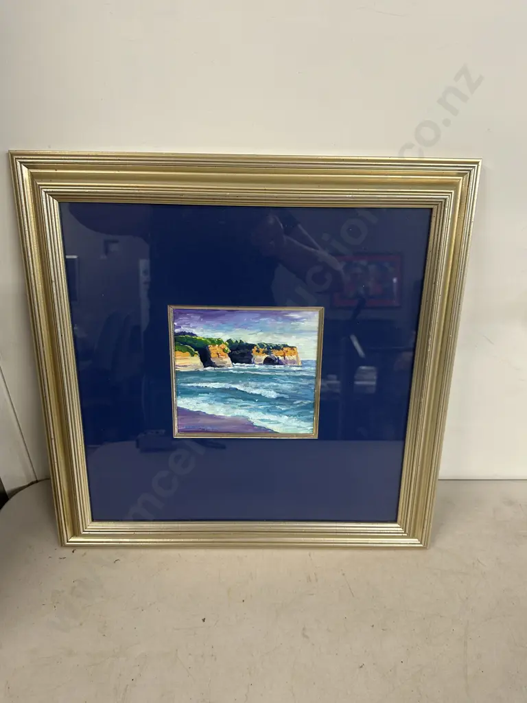 Gilt Framed Signed Original Lynne Sinclair Taylor Painting 'Taranaki Coast' H49,W49cm. Image 1++