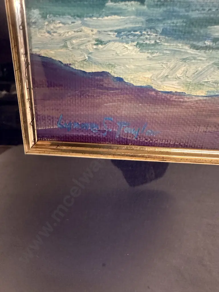 Gilt Framed Signed Original Lynne Sinclair Taylor Painting 'Taranaki Coast' H49,W49cm. Image 1++