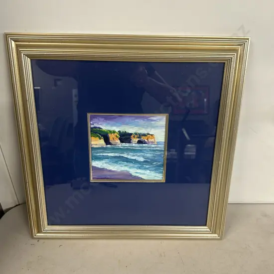 Gilt Framed Signed Original Lynne Sinclair Taylor Painting 'Taranaki Coast' H49,W49cm.