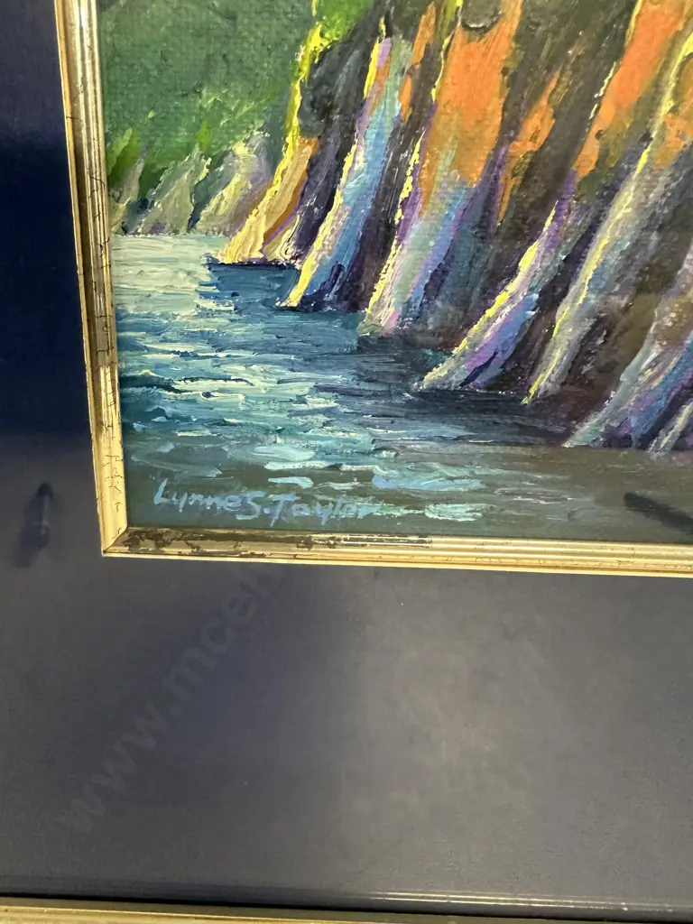 Gilt Framed Signed Original Lynne Sinclair Taylor Painting 'Onaero Cliffs Taranaki' H49,W49cm. Image 1++