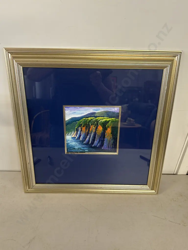 Gilt Framed Signed Original Lynne Sinclair Taylor Painting 'Onaero Cliffs Taranaki' H49,W49cm. Image 1++