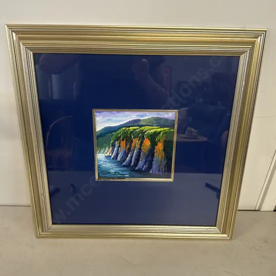 Gilt Framed Signed Original Lynne Sinclair Taylor Painting 'Onaero Cliffs Taranaki' H49,W49cm.