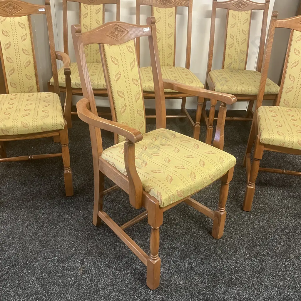 Set of 6 Jaycee Furniture (Brighton England) Solid Oak Upholstered Back Dining Chairs Including 2 Carvers Image 1++