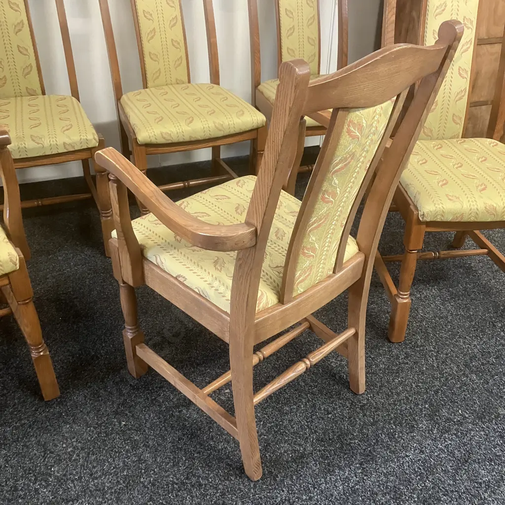 Set of 6 Jaycee Furniture (Brighton England) Solid Oak Upholstered Back Dining Chairs Including 2 Carvers Image 1++