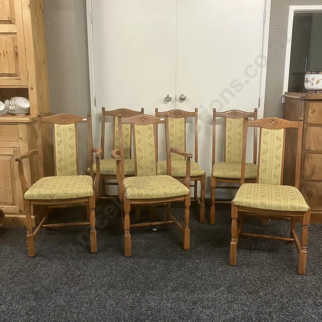 Set of 6 Jaycee Furniture (Brighton England) Solid Oak Upholstered Back Dining Chairs Including 2 Carvers Image 1++