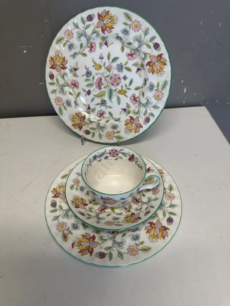 Minton Haddon Hall China Trio & Cake Plate Green Trim Floral Pattern Image 1++