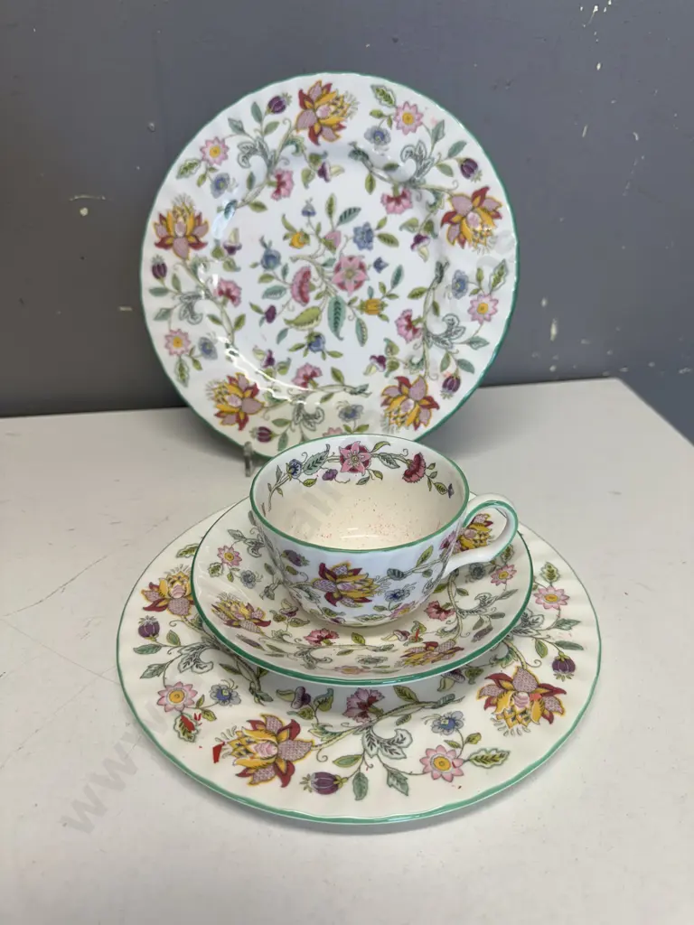 Minton Haddon Hall China Trio & Cake Plate Green Trim Floral Pattern Image 1++