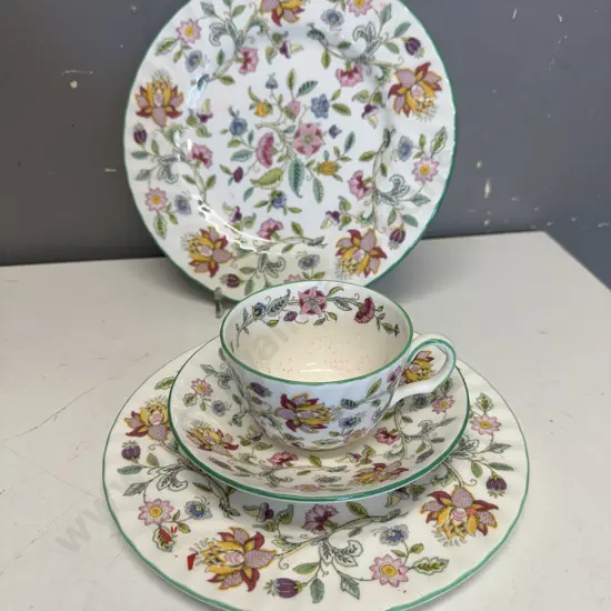 Minton Haddon Hall China Trio & Cake Plate Green Trim Floral Pattern