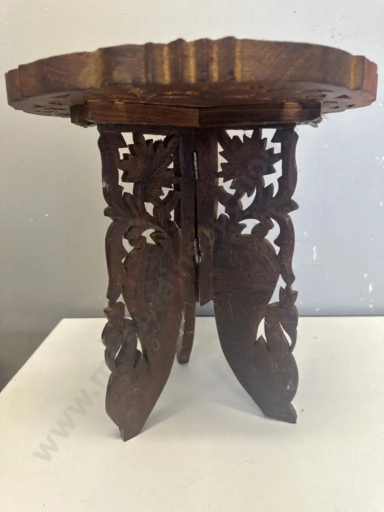 Tri Legged Hand Carved Folding Table H32,Dia29cm. Image 1++