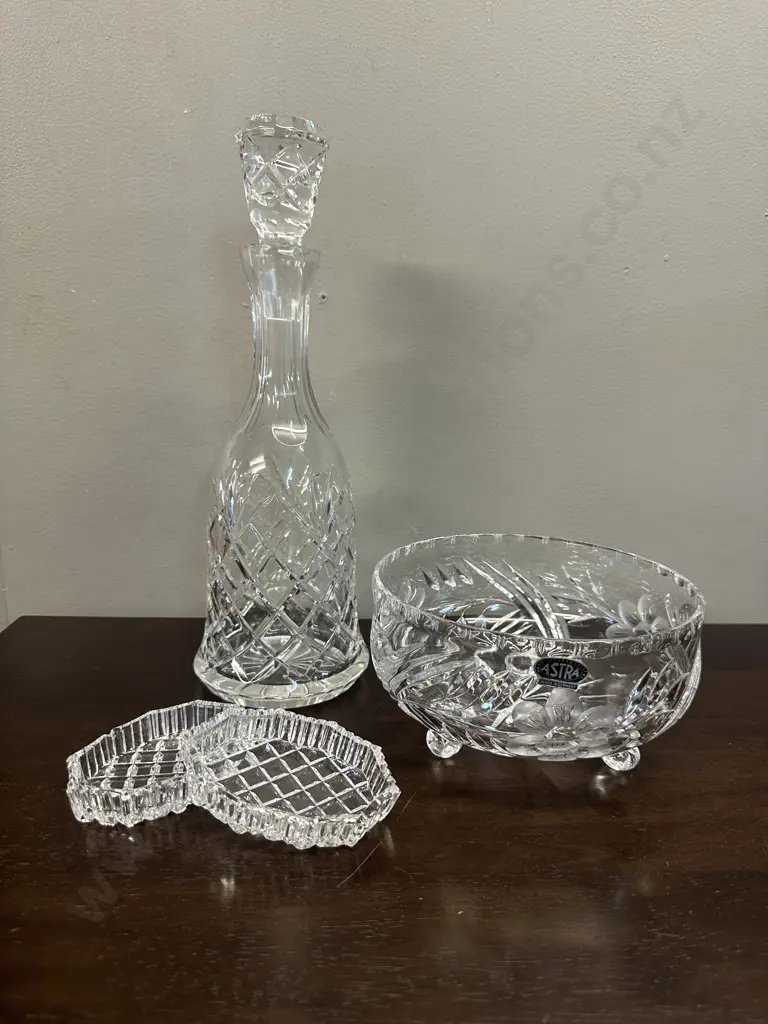 Vintage Crystal Decanter H35cm, Tri Footed Bowl & Dishes Image 1++