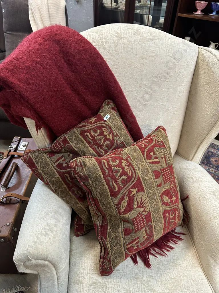 Laura Ashley Home Red Mohair Throw & Pair of Red & Tan Cushions With Elephant Pattern Image 1++