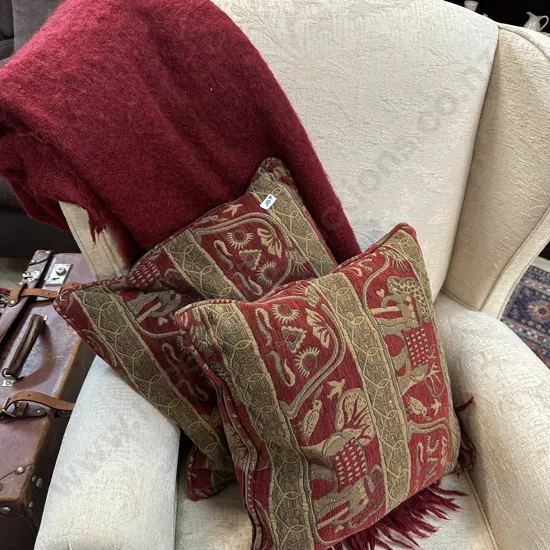 Laura Ashley Home Red Mohair Throw & Pair of Red & Tan Cushions With Elephant Pattern