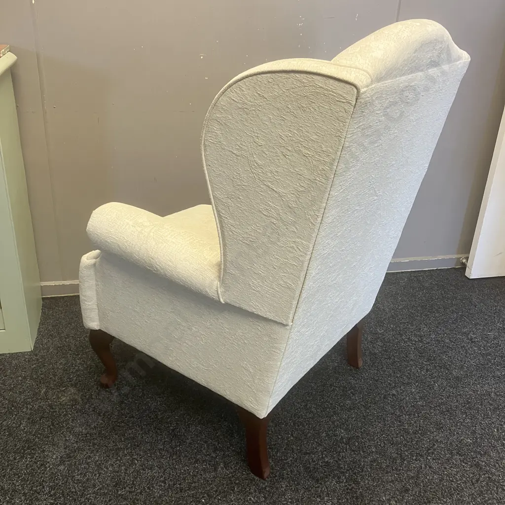 Wingback Armchair With White Embossed Upholstery & Cabriole Legs - Jade Classic Design Surrey Chair Image 1++