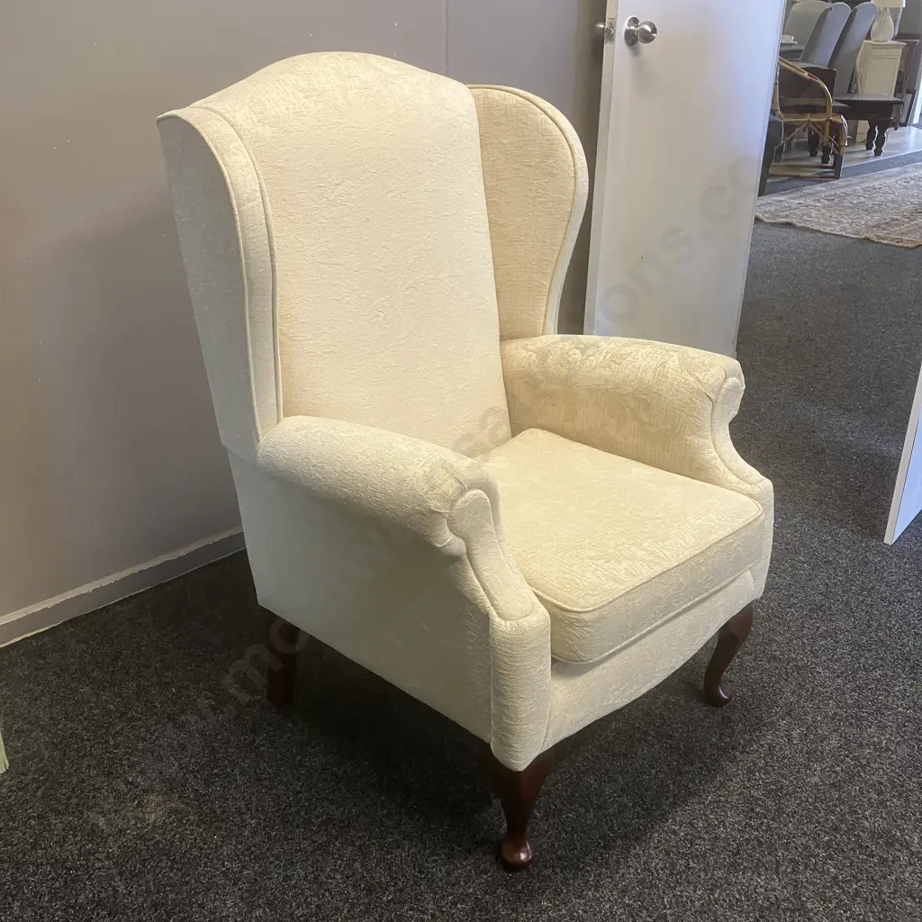 Wingback Armchair With White Embossed Upholstery & Cabriole Legs - Jade Classic Design Surrey Chair Image 1++