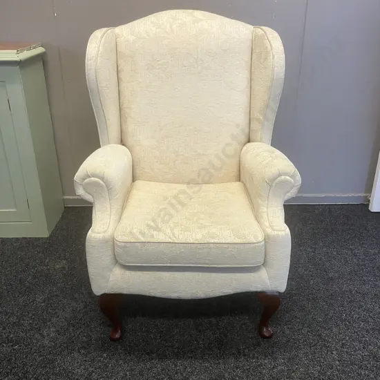 Wingback Armchair With White Embossed Upholstery & Cabriole Legs - Jade Classic Design Surrey Chair