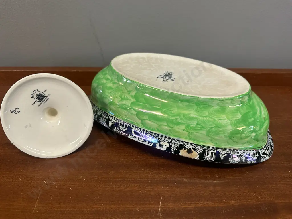 Vintage Maling Lustre  Oval Bowl Green Thumbprint Pattern & Small Maling Candle Holder Image 1++