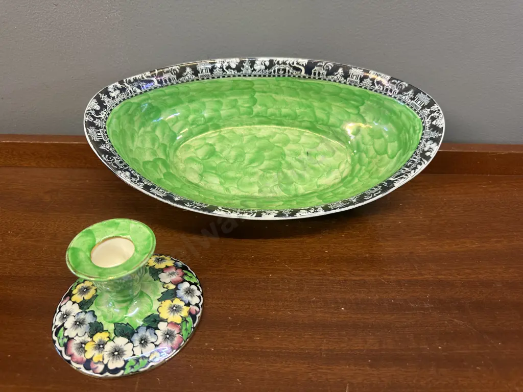 Vintage Maling Lustre  Oval Bowl Green Thumbprint Pattern & Small Maling Candle Holder Image 1++