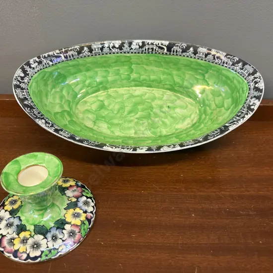 Vintage Maling Lustre  Oval Bowl Green Thumbprint Pattern & Small Maling Candle Holder