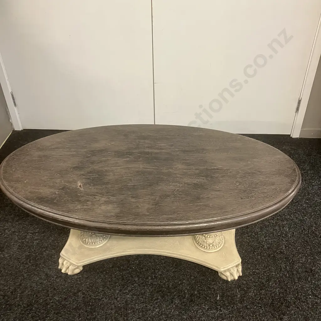 Oval Topped Coffee Table With Carved Double Pedestal Base. H43 W103 D56cm (Top Marked) Image 1++