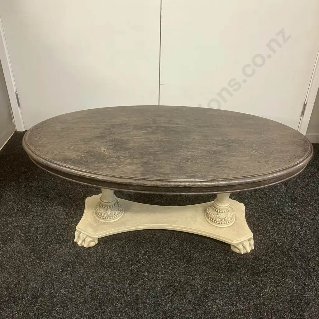 Oval Topped Coffee Table With Carved Double Pedestal Base. H43 W103 D56cm (Top Marked) Image 1++