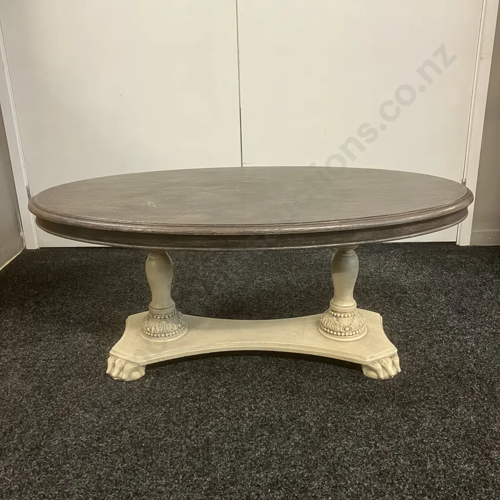 Oval Topped Coffee Table With Carved Double Pedestal Base. H43 W103 D56cm (Top Marked) Image 1++