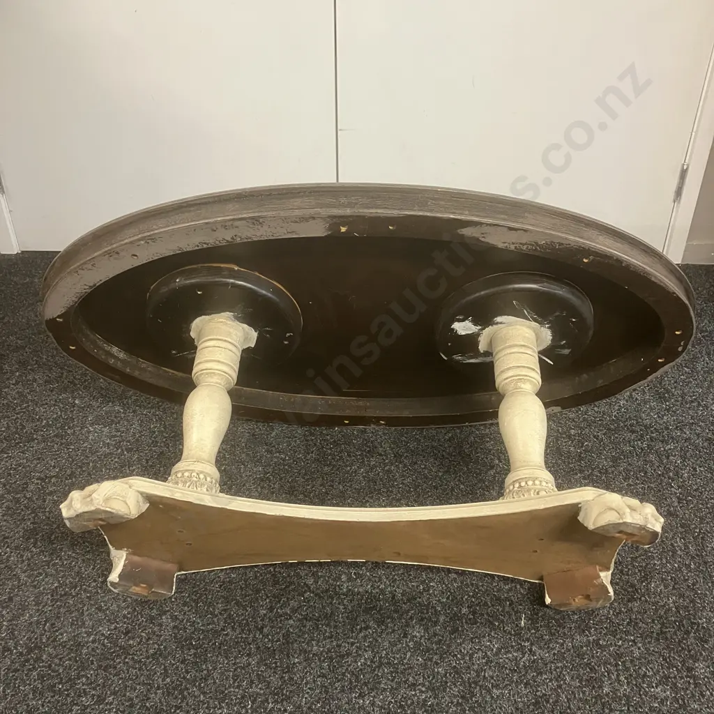 Oval Topped Coffee Table With Carved Double Pedestal Base. H43 W103 D56cm (Top Marked) Image 1++