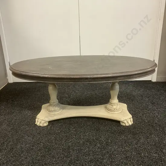 Oval Topped Coffee Table With Carved Double Pedestal Base. H43 W103 D56cm (Top Marked)