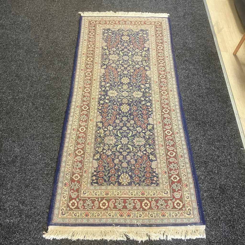 Woollen Floor Runner - Flowers Patterned Blues & Pinks 204 x 87cm Image 1++