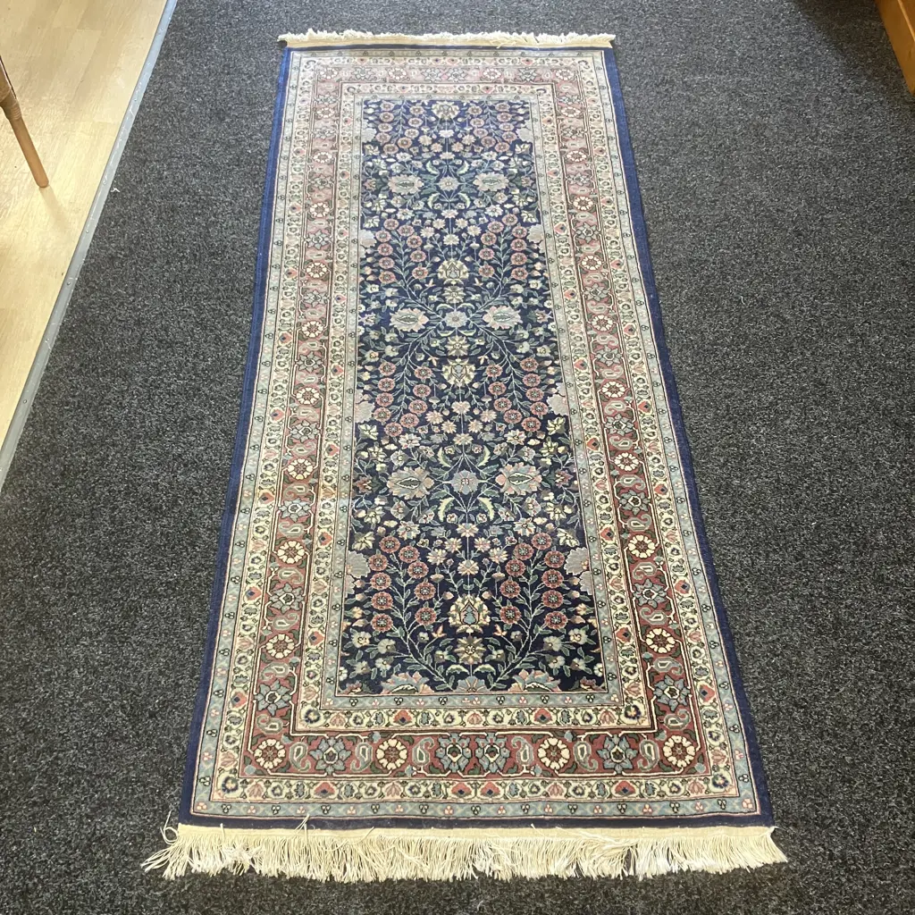 Woollen Floor Runner - Flowers Patterned Blues & Pinks 204 x 87cm Image 1++