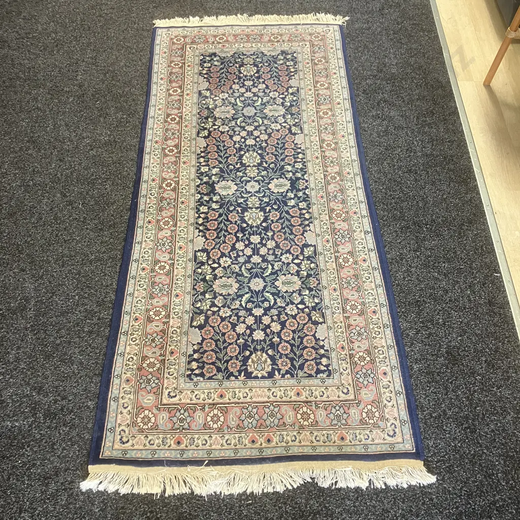 Woollen Floor Runner - Flowers Patterned Blues & Pinks 204 x 87cm Image 1++