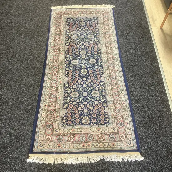Woollen Floor Runner - Flowers Patterned Blues & Pinks 204 x 87cm