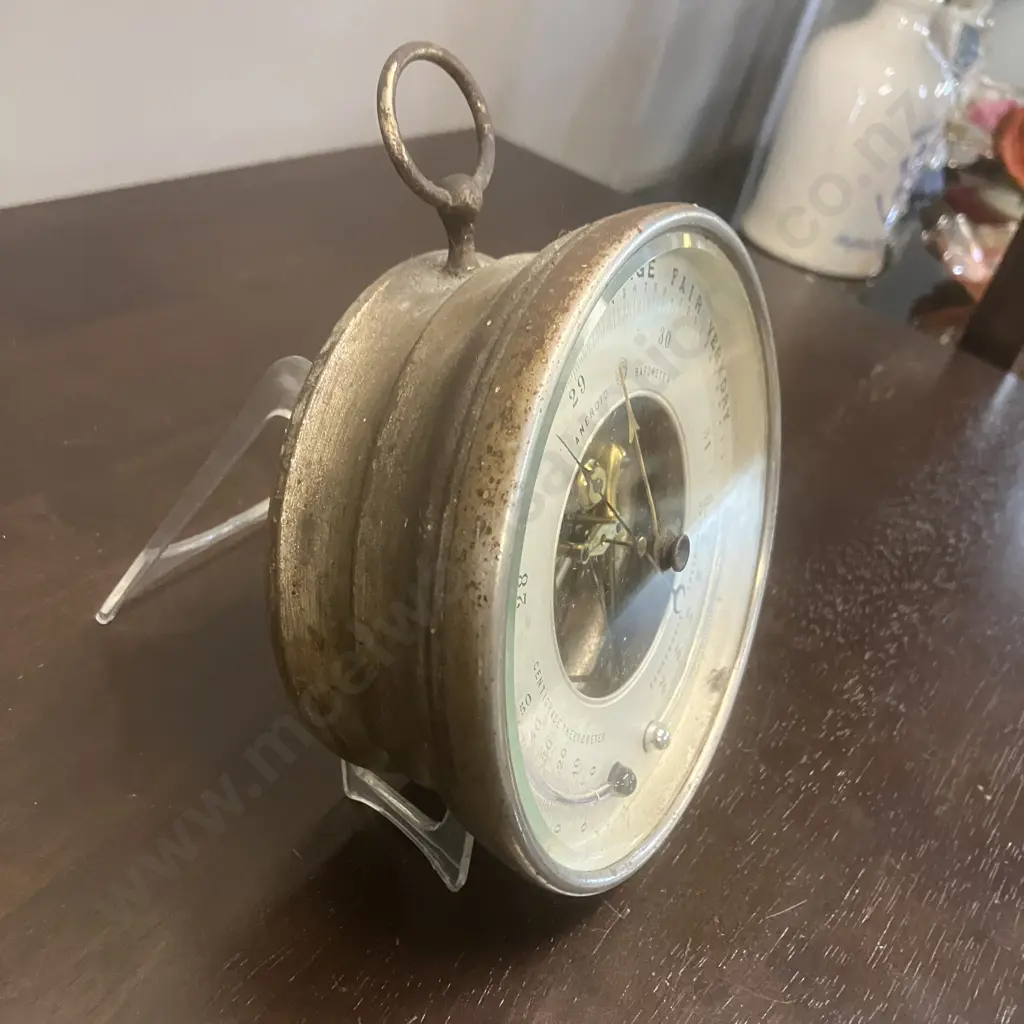 Antique Scarce Brass Aneroid Barometer With Twin Thermometers, Hanging Ring At Top. Dia 14cm Image 1++