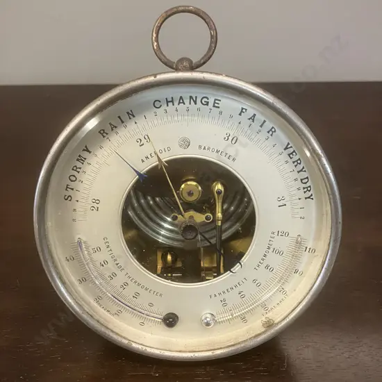 Antique Scarce Brass Aneroid Barometer With Twin Thermometers, Hanging Ring At Top. Dia 14cm