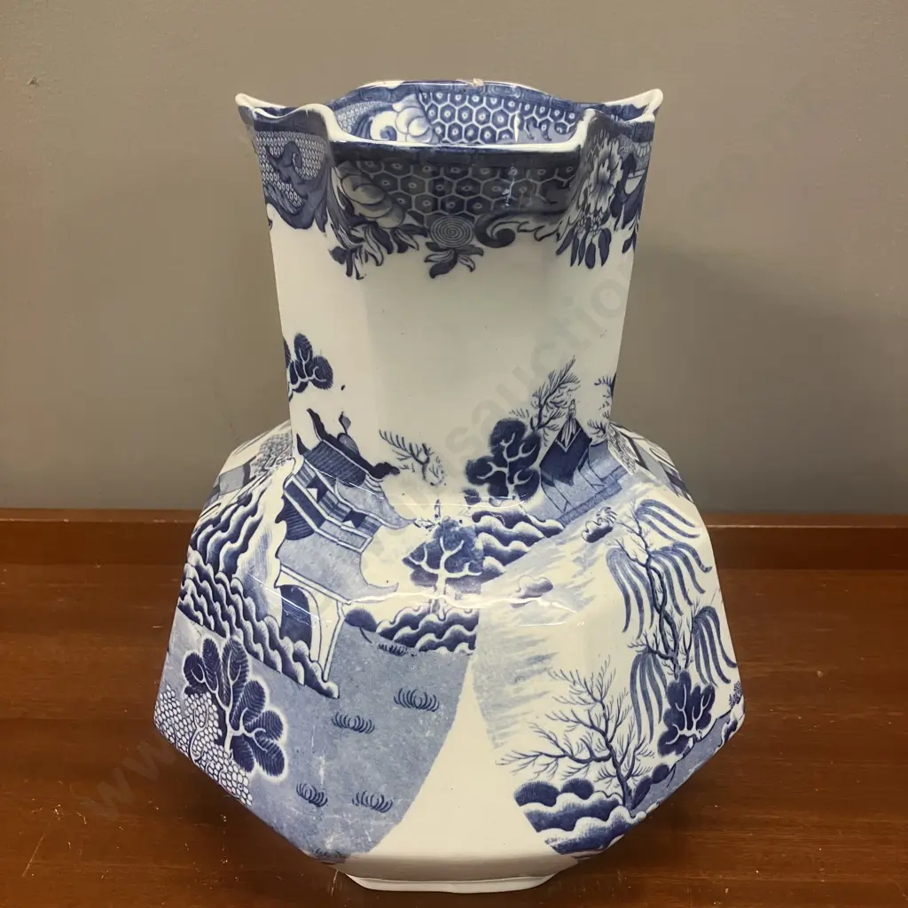 Antique Masons Ironstone Blue Willow Pattern Large Wash Basin & Octagonal Shape Hydra Jug (Snake Handle) c1845-1850 Image 1++