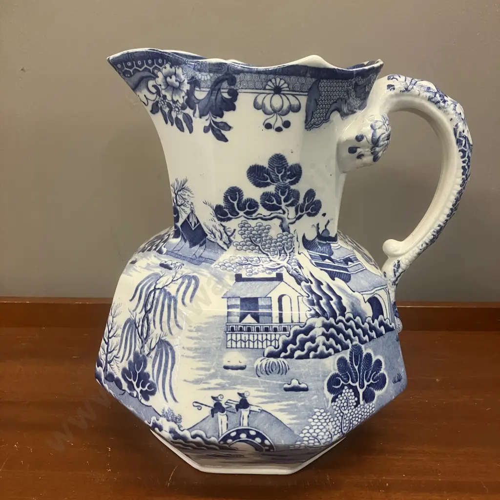 Antique Masons Ironstone Blue Willow Pattern Large Wash Basin & Octagonal Shape Hydra Jug (Snake Handle) c1845-1850 Image 1++
