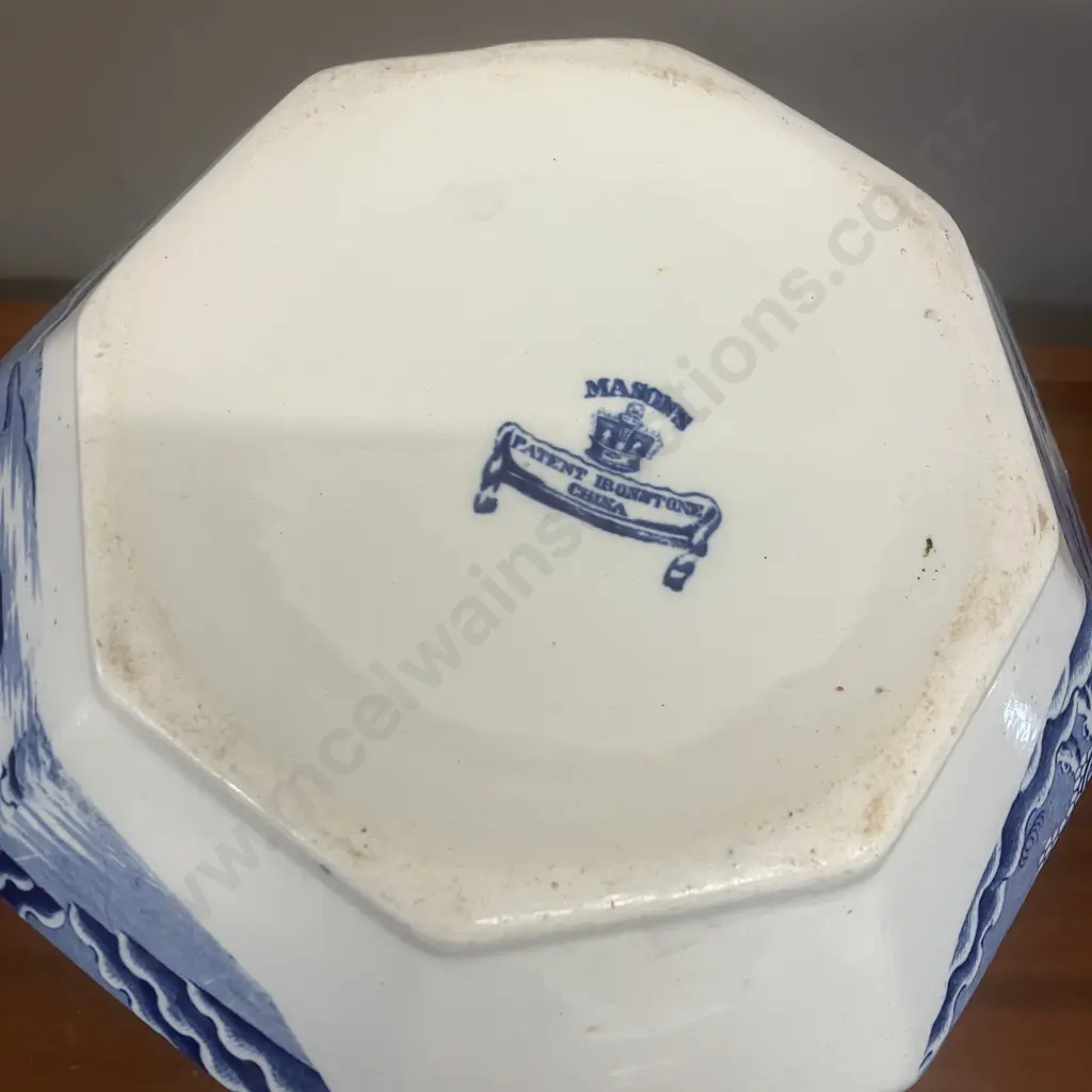 Antique Masons Ironstone Blue Willow Pattern Large Wash Basin & Octagonal Shape Hydra Jug (Snake Handle) c1845-1850 Image 1++