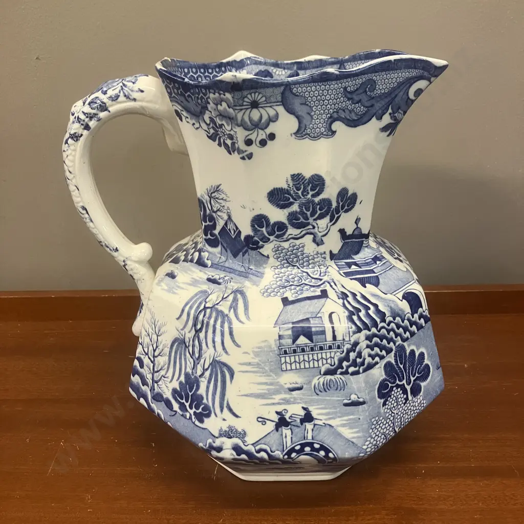 Antique Masons Ironstone Blue Willow Pattern Large Wash Basin & Octagonal Shape Hydra Jug (Snake Handle) c1845-1850 Image 1++