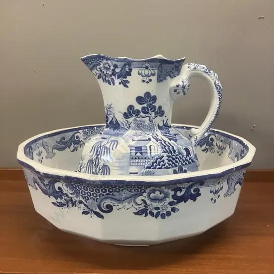 Antique Masons Ironstone Blue Willow Pattern Large Wash Basin & Octagonal Shape Hydra Jug (Snake Handle) c1845-1850