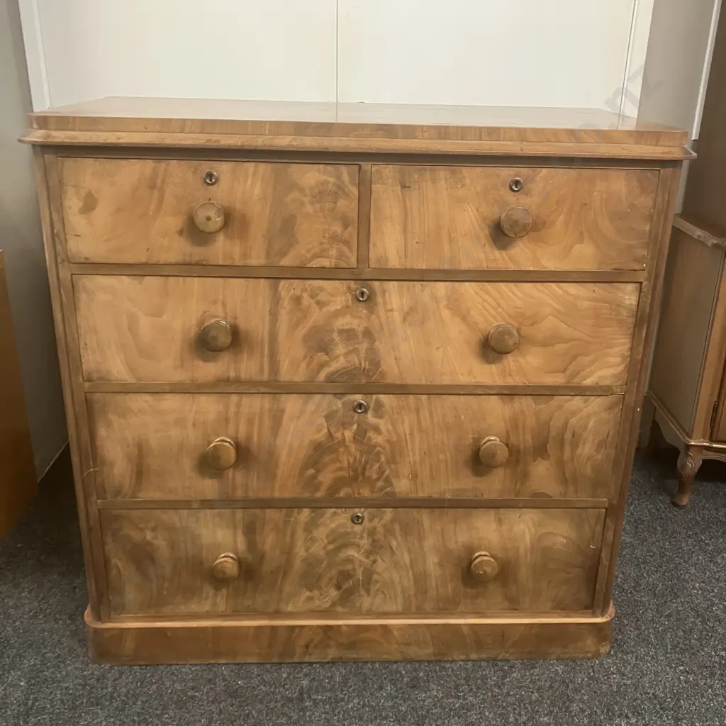 Victorian Burr Walnut Chest of 5 Drawers. H111 W116 D57cm Image 1++