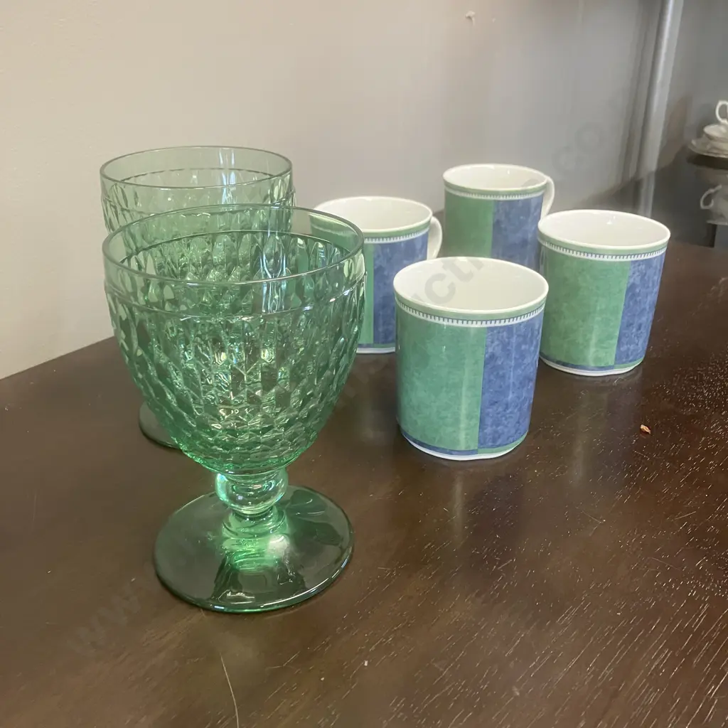 Set of 4 Villeroy & Boch Switch 3 Costa Coffee Mugs, Pair of Villeroy & Boch Boston Green Water Goblets Image 1++