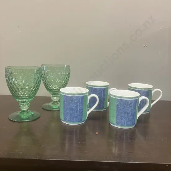 Set of 4 Villeroy & Boch Switch 3 Costa Coffee Mugs, Pair of Villeroy & Boch Boston Green Water Goblets