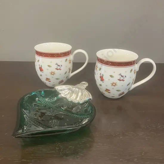 Pair of Villeroy & Boch 'Toys Delight' Christmas Porcelain Cups With a Mikasa Christmas Bauble Glass Candy Dish