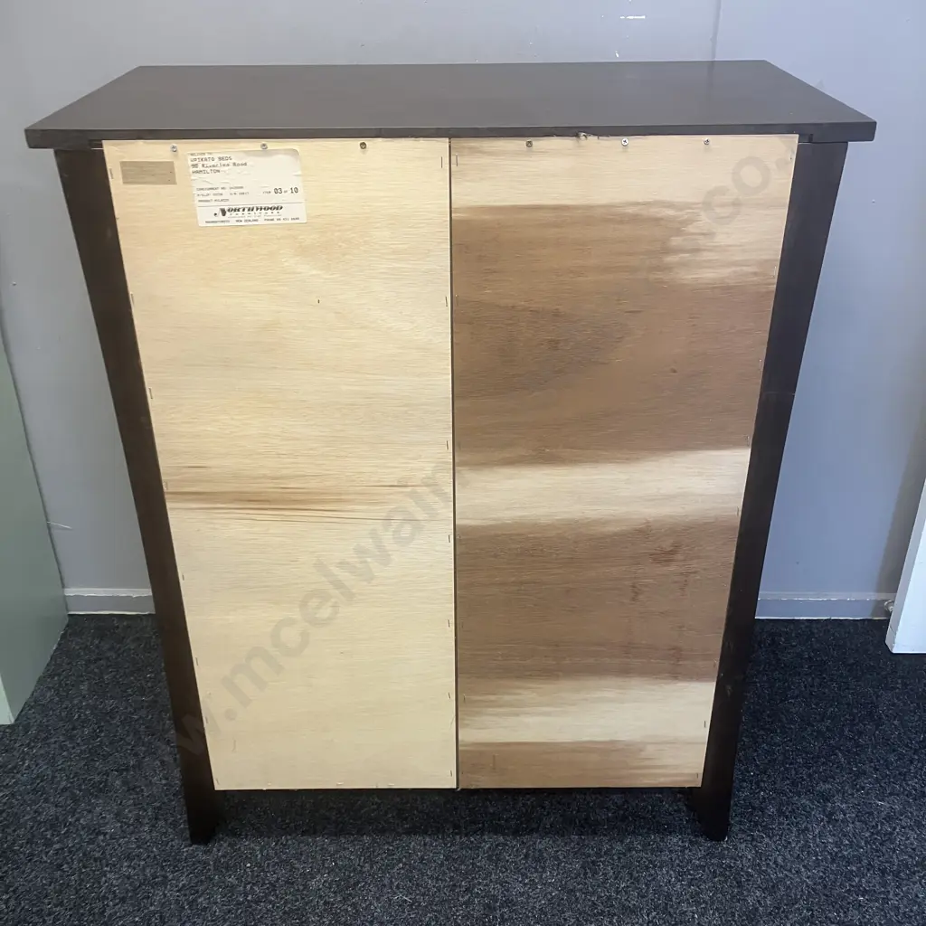 Northwood Furniture (NZ) Dark Stained 5 Drawer Tallboy With Rectangular Brushed Pewter Handles. H110 W90 D45cm Image 1++
