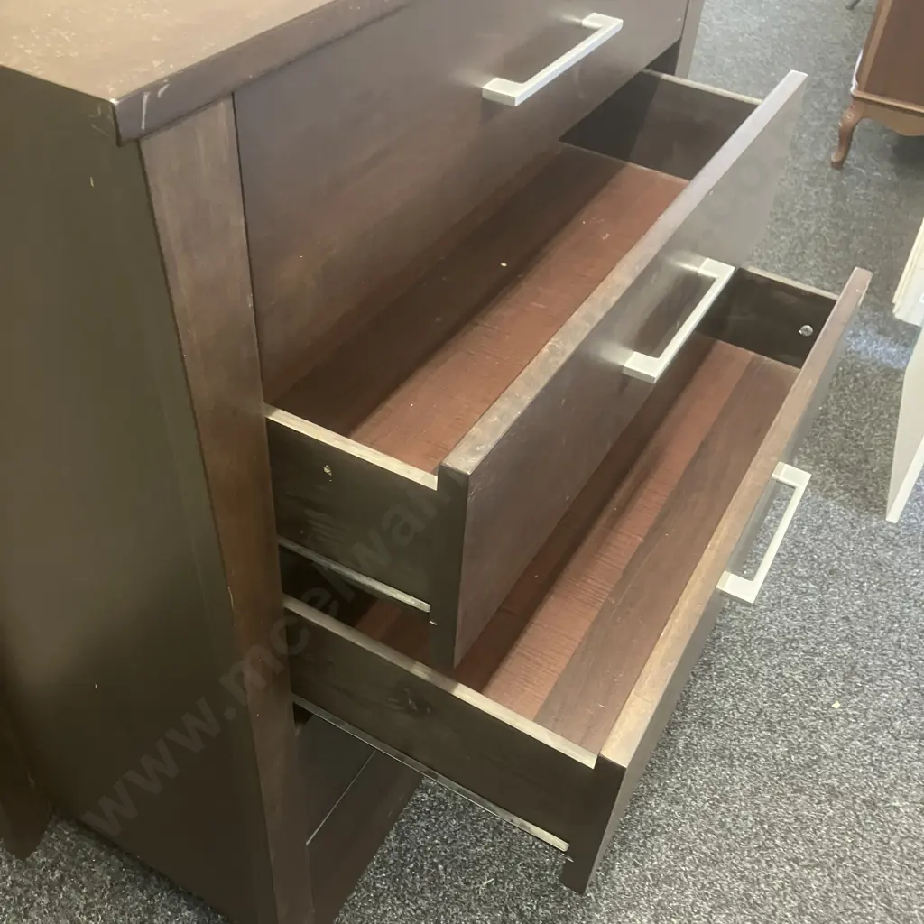 Northwood Furniture (NZ) Dark Stained 5 Drawer Tallboy With Rectangular Brushed Pewter Handles. H110 W90 D45cm Image 1++