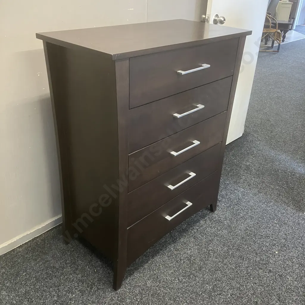 Northwood Furniture (NZ) Dark Stained 5 Drawer Tallboy With Rectangular Brushed Pewter Handles. H110 W90 D45cm Image 1++