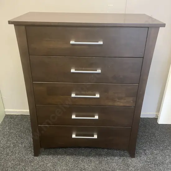 Northwood Furniture (NZ) Dark Stained 5 Drawer Tallboy With Rectangular Brushed Pewter Handles. H110 W90 D45cm