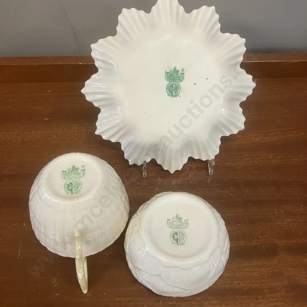Three Belleek Ivory & Yellow Pieces - Green Back Stamp, Made In Ireland Image 1++