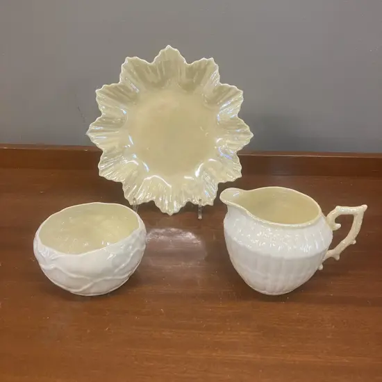 Three Belleek Ivory & Yellow Pieces - Green Back Stamp, Made In Ireland