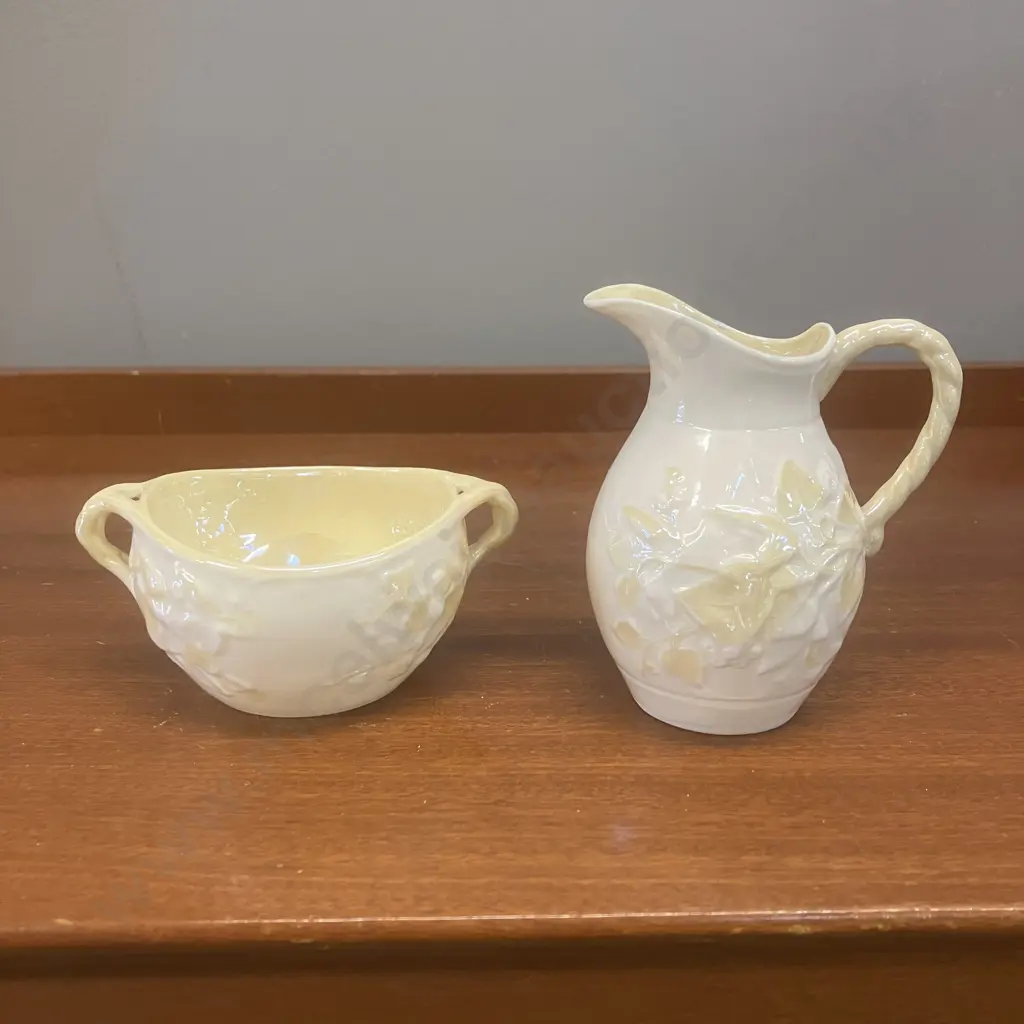 Belleek Ivy Pattern Ivory & Yellow Creamer & Sugar Bowl - Green Back Stamp, Made In Ireland Image 1++