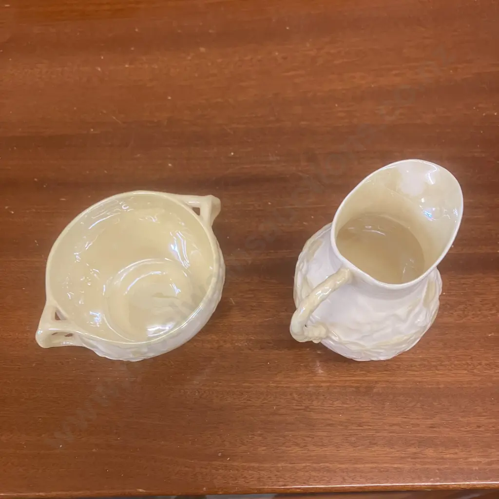 Belleek Ivy Pattern Ivory & Yellow Creamer & Sugar Bowl - Green Back Stamp, Made In Ireland Image 1++